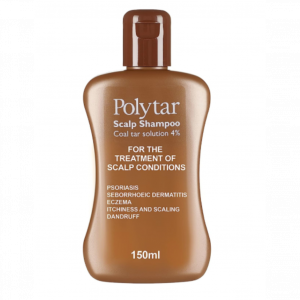 Brown bottle of polytar shampoo